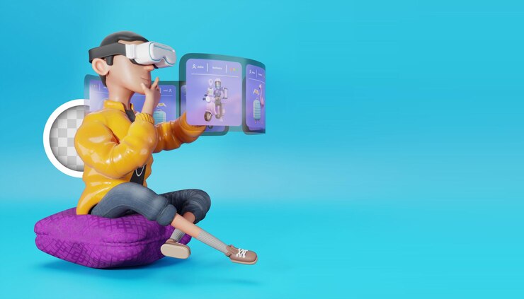 Kostenlose PSD charakter wählt optionen aus seiner virtuellen realitätsbrille 3d-illustration