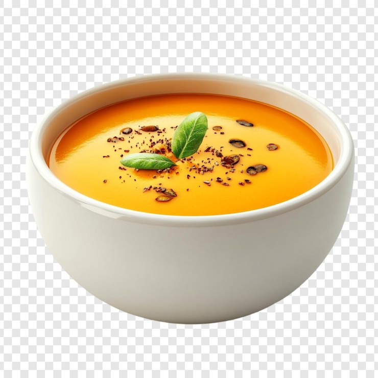 Kostenlose PSD cremige orangensuppe in einer weißen schüssel, garniert mit frischem basilikum und gewürzen, die wärme und komfort wünscht
