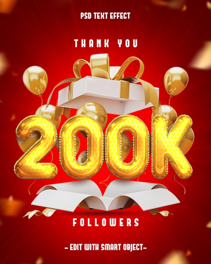 Kostenlose PSD dank ihnen 200k follower editabletext-effekt