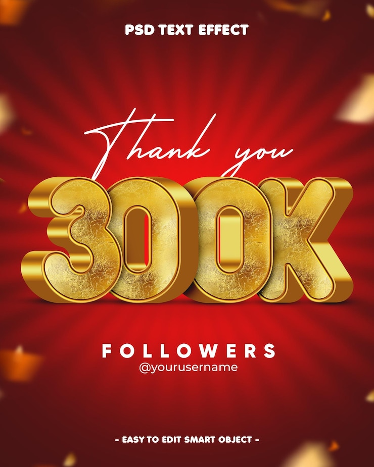 Kostenlose PSD danke 300k follower 3d-bearbeitbare text-effekt