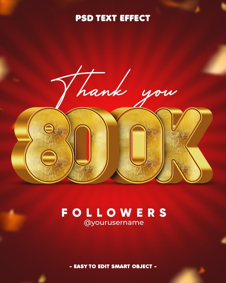 Kostenlose PSD danke 800k follower 3d-bearbeitbare text-effekt