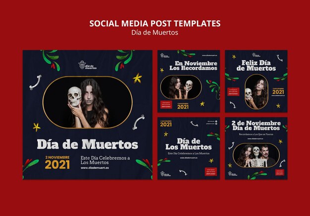 Kostenlose PSD dark dia de muertos ig posts set