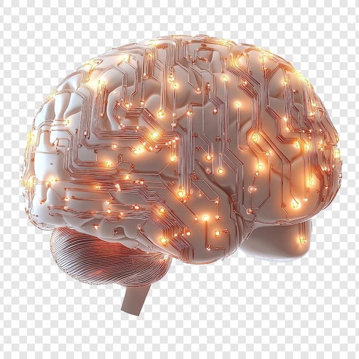 Kostenlose PSD das digitale gehirn eine futuristische darstellung des menschlichen gehirns als leiterplatte, die das komplizierte netzwerk von neuronalen wegen zeigt