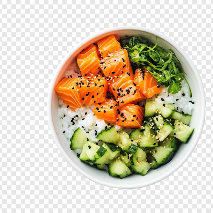 Kostenlose PSD delicious salmon poke bowl eine lebhafte und gesunde mahlzeit mit frischem lachs, gurken, reis und sesamkörnern