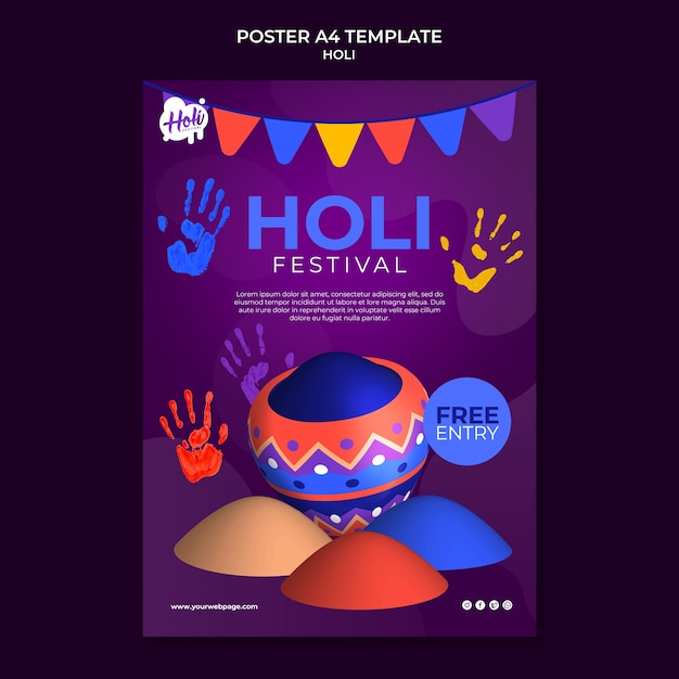 Kostenlose PSD designvorlage für holi-festival mit farbverlauf