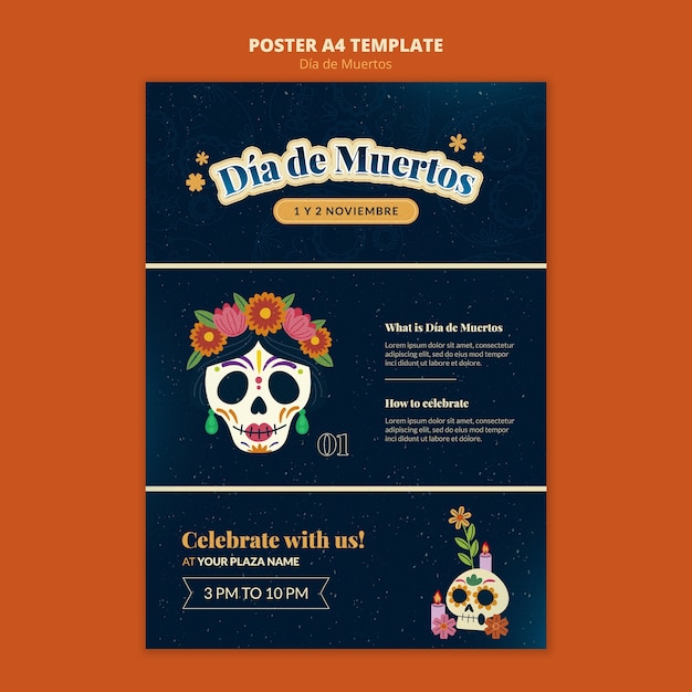 Kostenlose PSD dia de muertos vertikale plakatvorlage