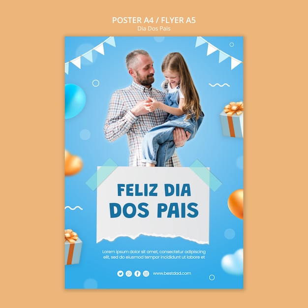 Dia dos pais vertikale Plakatvorlage mit Luftballons und Herzen