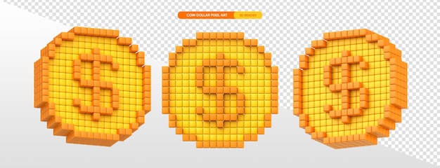 Kostenlose PSD dollarmünze in pixelkunst 3d-render mit transparentem hintergrund