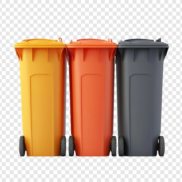 Drei farbenfrohe Behälter auf Rädern bereit zum Recycling von Abfällen