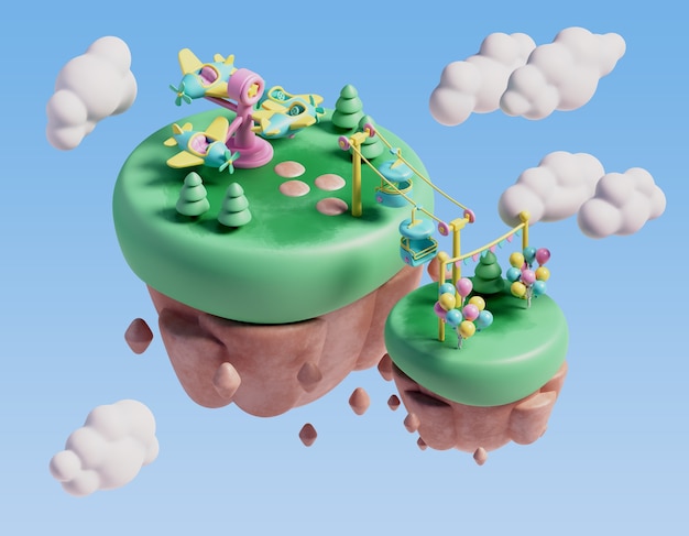 Dreidimensionale Illustration für Vergnügungsparkszene mit schwimmender Landschaft