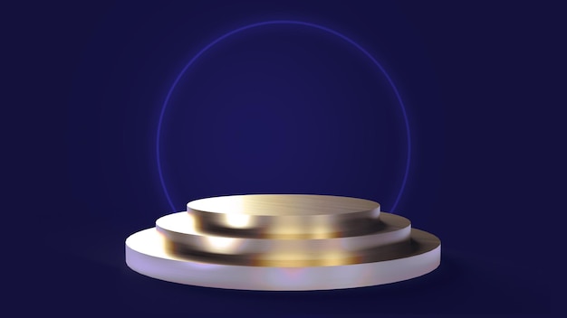 Kostenlose PSD dreistufiger runder goldener sockel auf blauem hintergrund zum platzieren von objekten