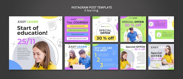 Kostenlose PSD e-learning-instagram-posts im flachen design