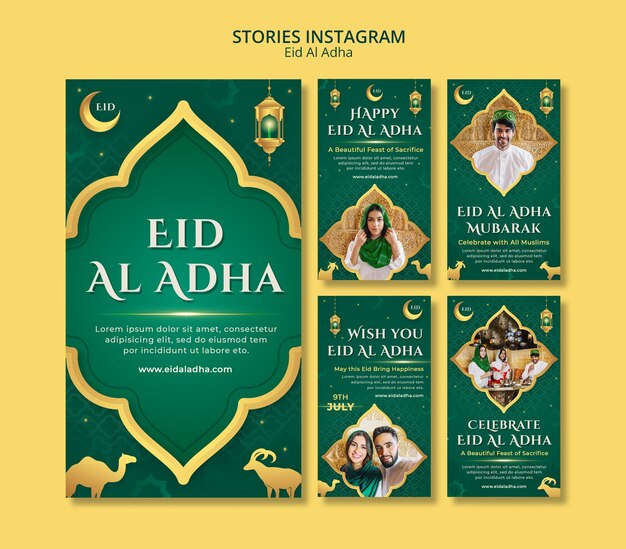 Eid al-adha instagram geschichtensammlung mit laternen und halbmond