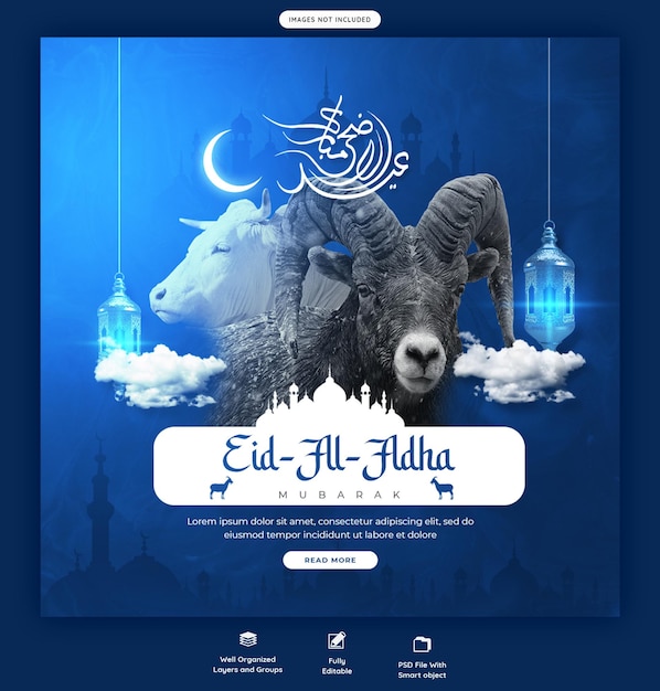 Kostenlose PSD eid al adha mubarak islamisches fest social-media-banner oder instagram-post-vorlage