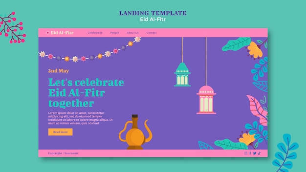 Kostenlose PSD eid al fitr landingpage-vorlage im flachen design