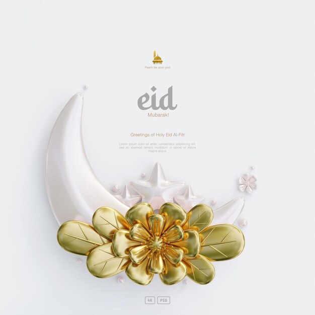 Eid Mubarak Grußkartenhintergrund mit dekorativem süßem 3D-Blumenhalbmond und islamischen Ornamenten