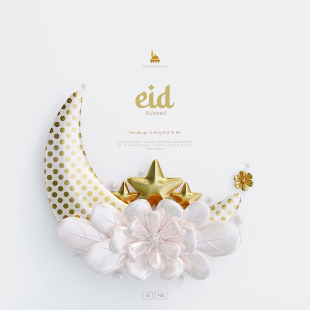 Eid Mubarak Grußkartenhintergrund mit dekorativem süßem 3D-Blumenhalbmond und islamischen Ornamenten
