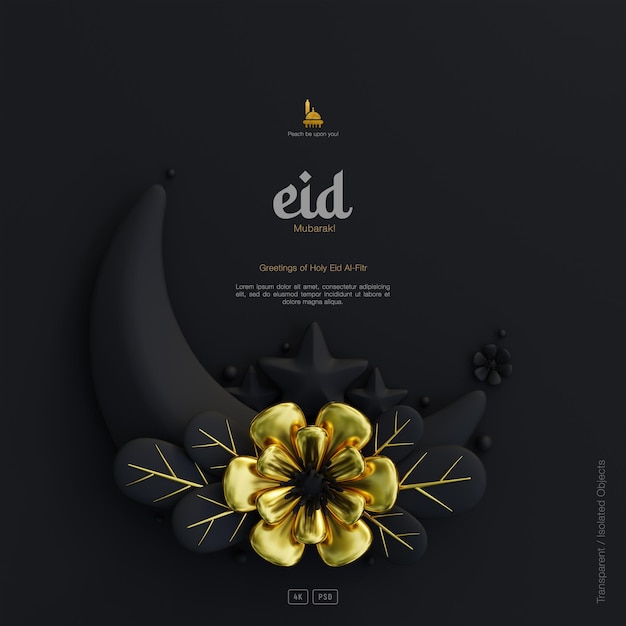 Eid Mubarak-Grußkartenhintergrund mit dekorativer niedlicher 3D-Blumen-Halbmond-Ornamente dunkle Szene