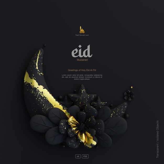 Eid Mubarak-Grußkartenhintergrund mit dekorativer niedlicher 3D-Blumen-Halbmond-Ornamente dunkle Szene