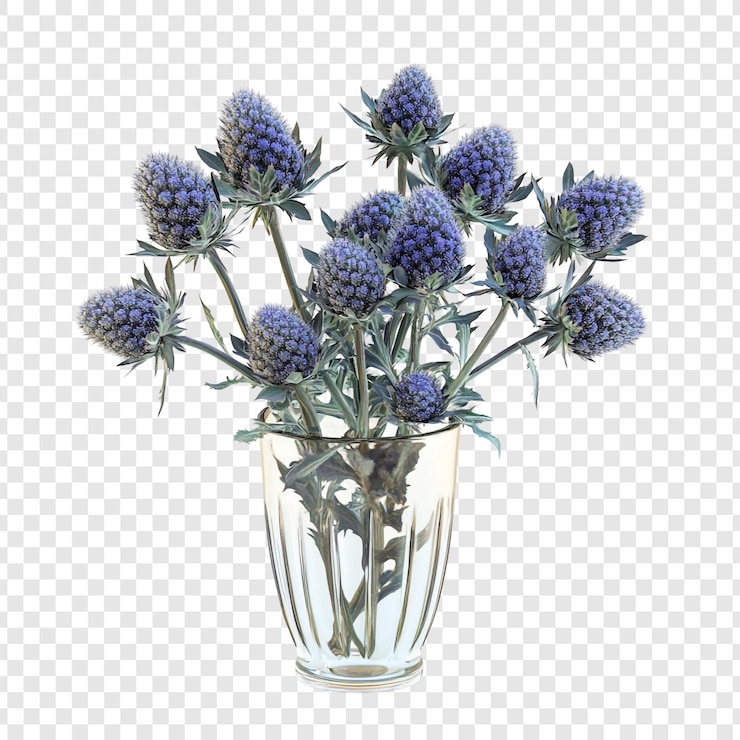 Kostenlose PSD ein atemberaubender bouquet aus seeholli in einer glasvase