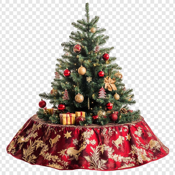 Kostenlose PSD ein feierlicher weihnachtsbaum, der mit roten und goldenen ornamenten und geschenken geschmückt ist