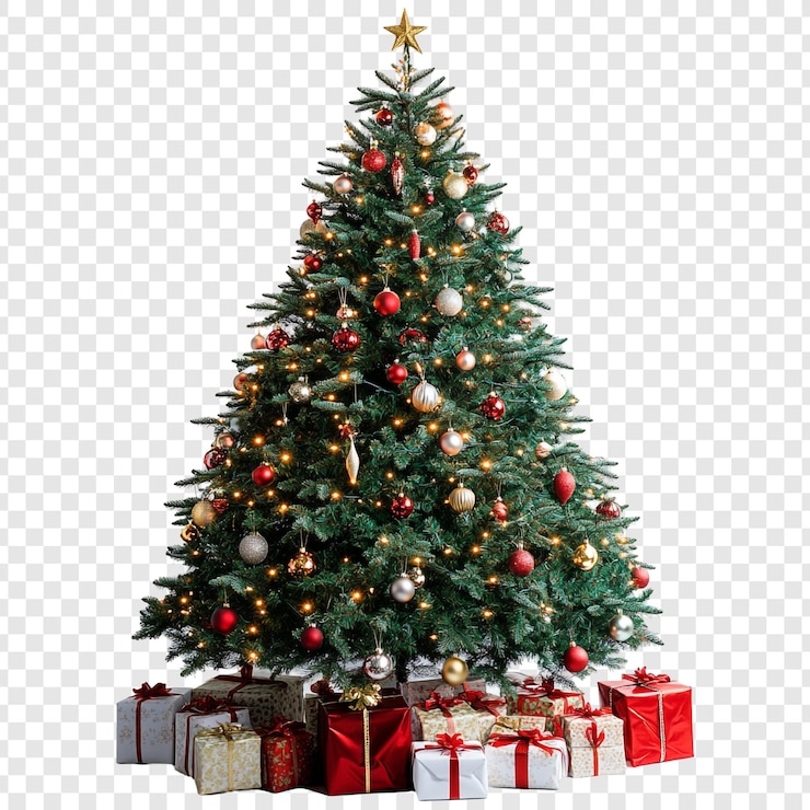 Kostenlose PSD ein majestätischer weihnachtsbaum, der mit ornamenten geschmückt und von geschenken umgeben ist