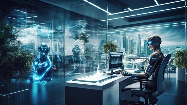 Ein Roboter, der in einem modernen Büro mit echten Menschen arbeitet. Generative KI
