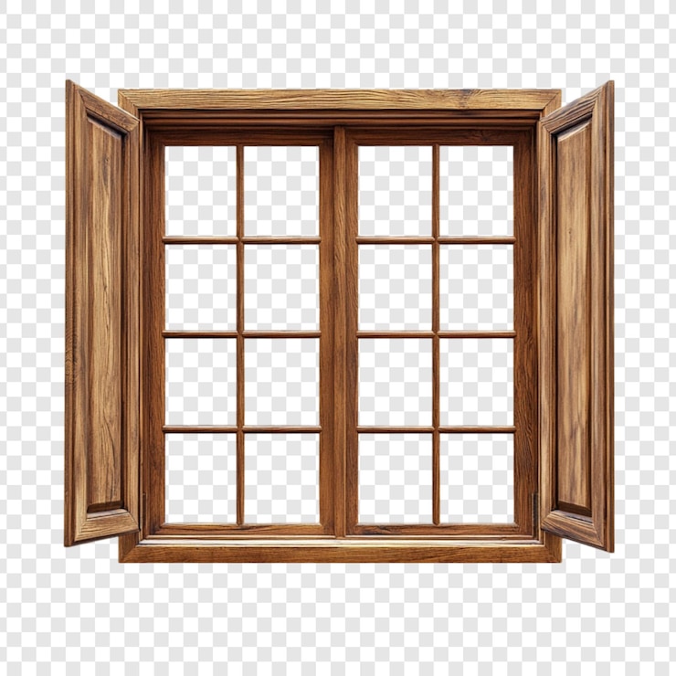 Kostenlose PSD ein rustikales braunes holzfenster mit leicht geöffneten fensterläden, das mehrere glasplatten zeigt, ideal für renovierungsprojekte oder designinspiration