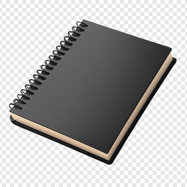 Kostenlose PSD ein schwarzes spiral-notebook-mockup, isoliert auf einem transparenten hintergrund, perfekt für designprojekte oder präsentationen, die ein leeres cover für ihren text oder ihr bild zeigen