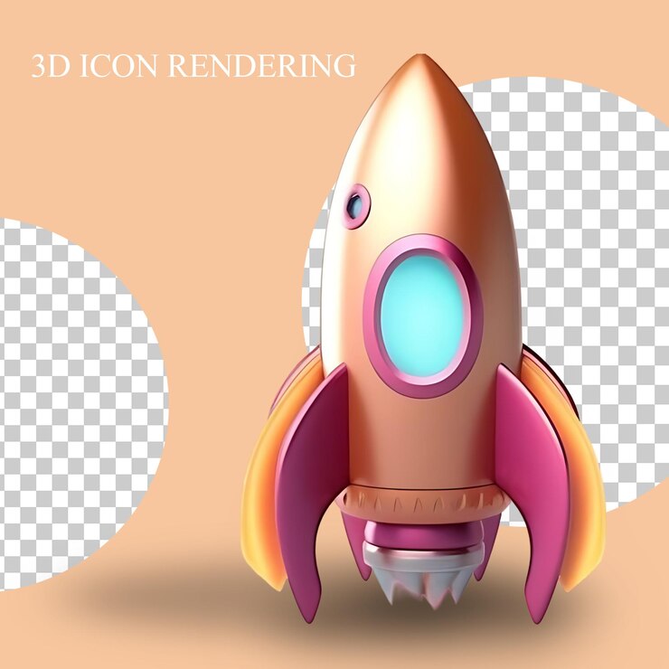 Kostenlose PSD ein stilisiertes 3d-raketen-symbol mit leuchtenden farben und glänzender oberfläche