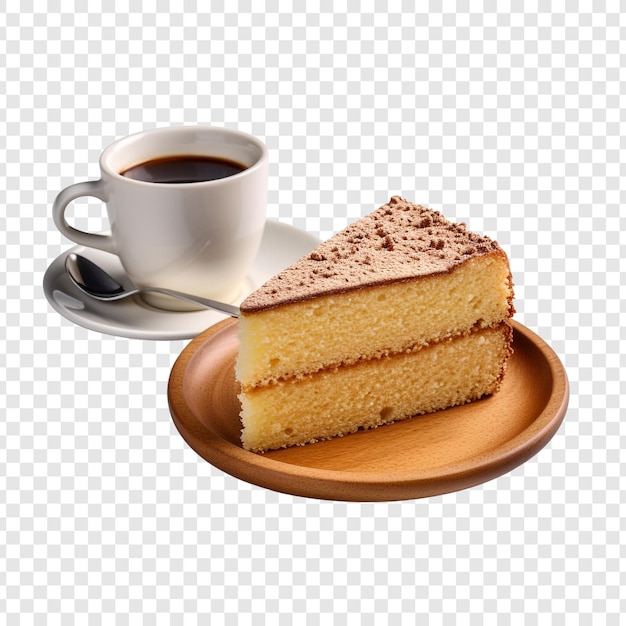 Kostenlose PSD ein stück biskuitkuchen mit einer tasse kaffee isoliert auf transparentem hintergrund