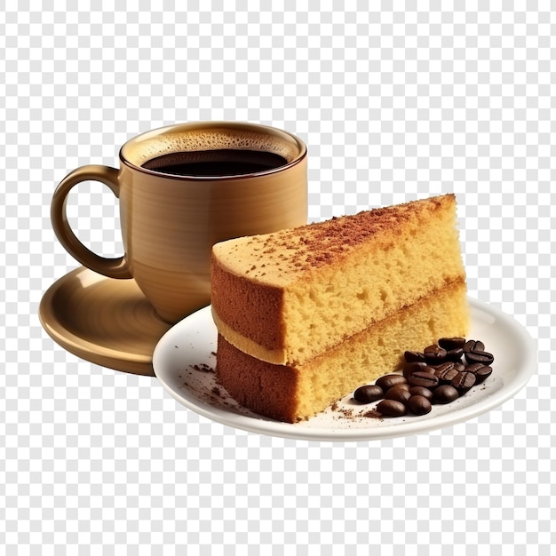 Kostenlose PSD ein stück biskuitkuchen mit einer tasse kaffee isoliert auf transparentem hintergrund