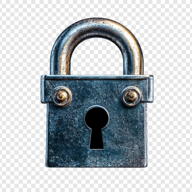Ein verwittertes blaues Metall-Hängeschloss mit Schlüsselloch wird gegen einen transparenten Hintergrund gezeigt Sicherheitsschloss aus starkem Metall