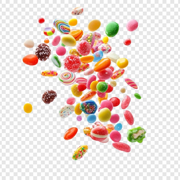 Eine entzückende Kaskade aus farbenfrohen Süßigkeiten, Lolli und Süßigkeiten in der Luft, eine lebendige Explosion zuckerhaltiger Güte.