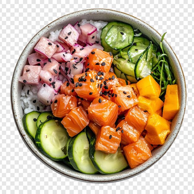 Eine köstliche Lachs-Poke-Schüssel mit Mango, Gurke und Reis