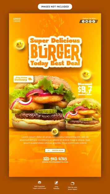 Eine leckere Burger- und Speise-Menü-Vorlage für Instagram- und Facebook-Geschichten