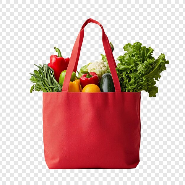Eine leuchtende rote Tote-Tasche, gefüllt mit frischen Erzeugnissen