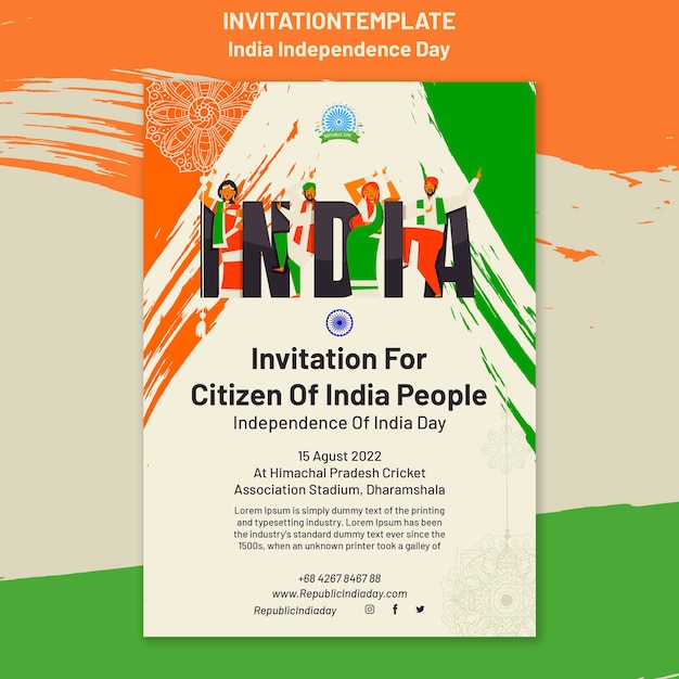 Einladungsvorlage zum unabhängigkeitstag indiens mit tanzenden menschen und flaggenfarben