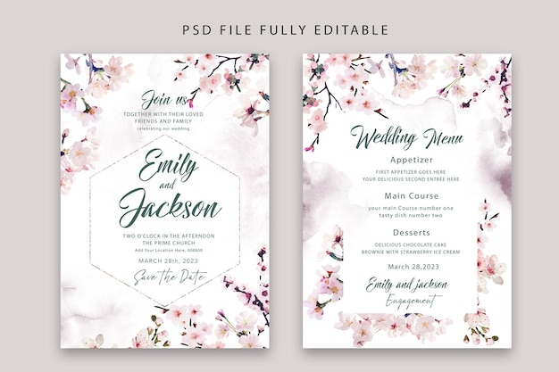 Kostenlose PSD elegante blumenhochzeitseinladung des blumenaquarells psd