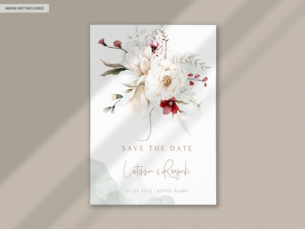 Elegante boho-hochzeitseinladungskarte mit getrockneten blumen und kastanienbraunen blüten