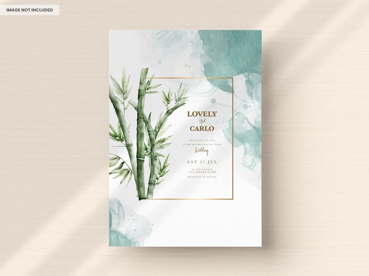 Kostenlose PSD elegante grüne bambushochzeitseinladungskarte des aquarells