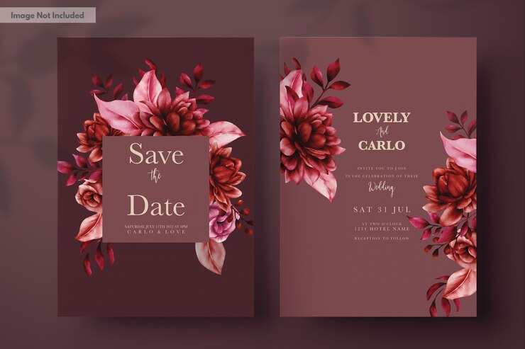 Kostenlose PSD elegante rote kastanienbraune florale hochzeitseinladungskartenvorlage