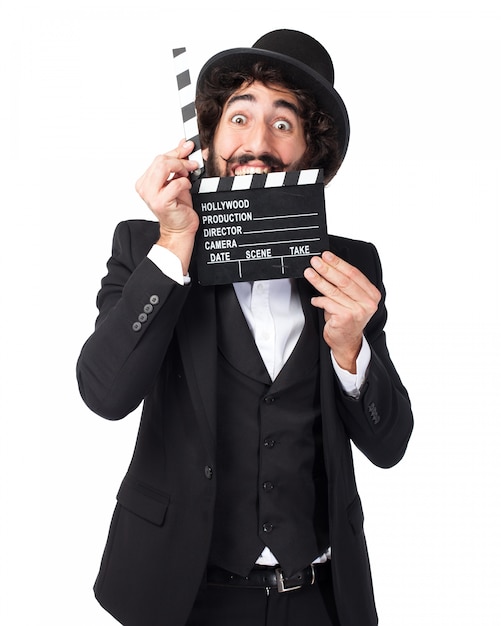 Kostenlose PSD eleganter mann mit einem film clapperboard