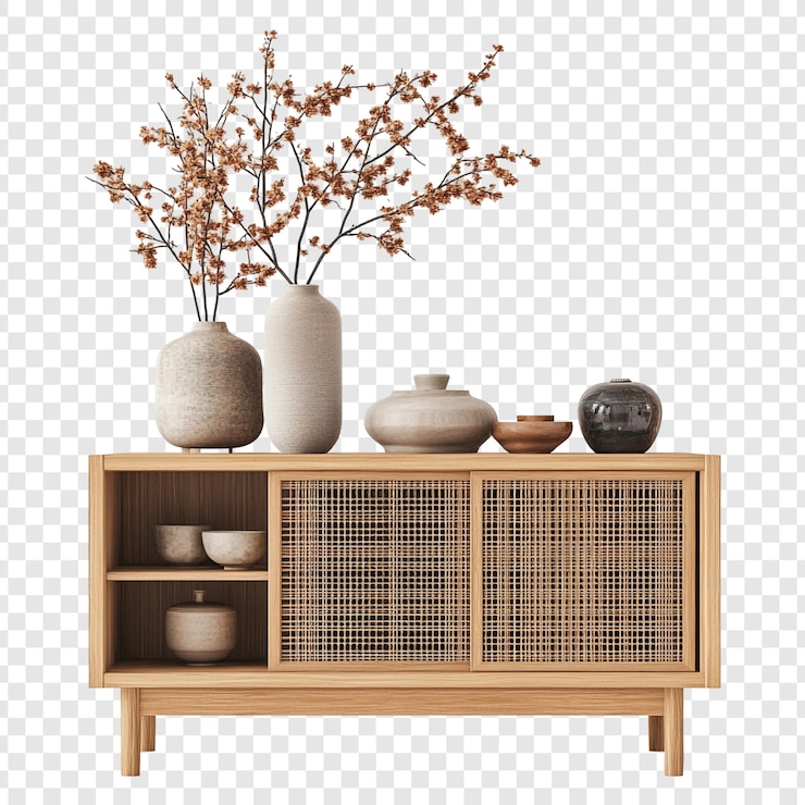 Kostenlose PSD elegantes holzschrank mit getrockneten blumen und keramikdekorationen