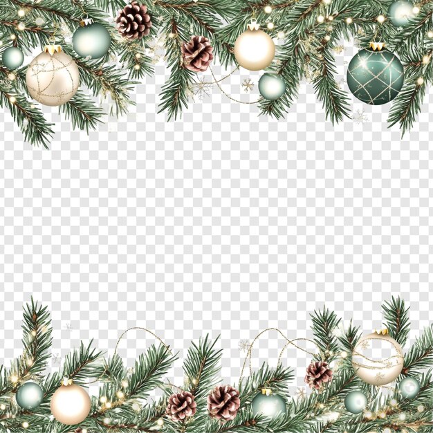 Elegantes Weihnachtsdesign mit Pinienzweigen, Ornamenten und Lichtern