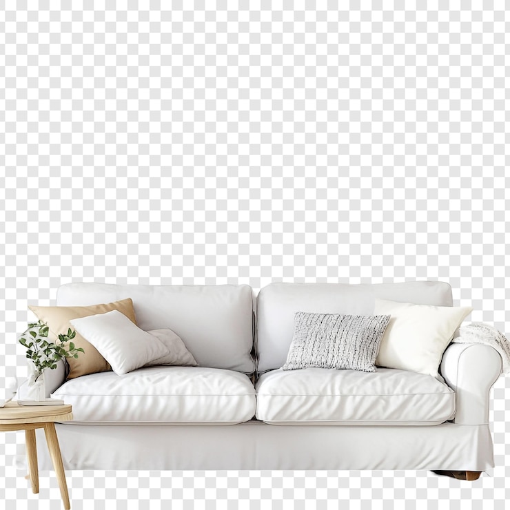 Kostenlose PSD elegantes weißes sofa mit neutralen kissen und holz-seitentisch