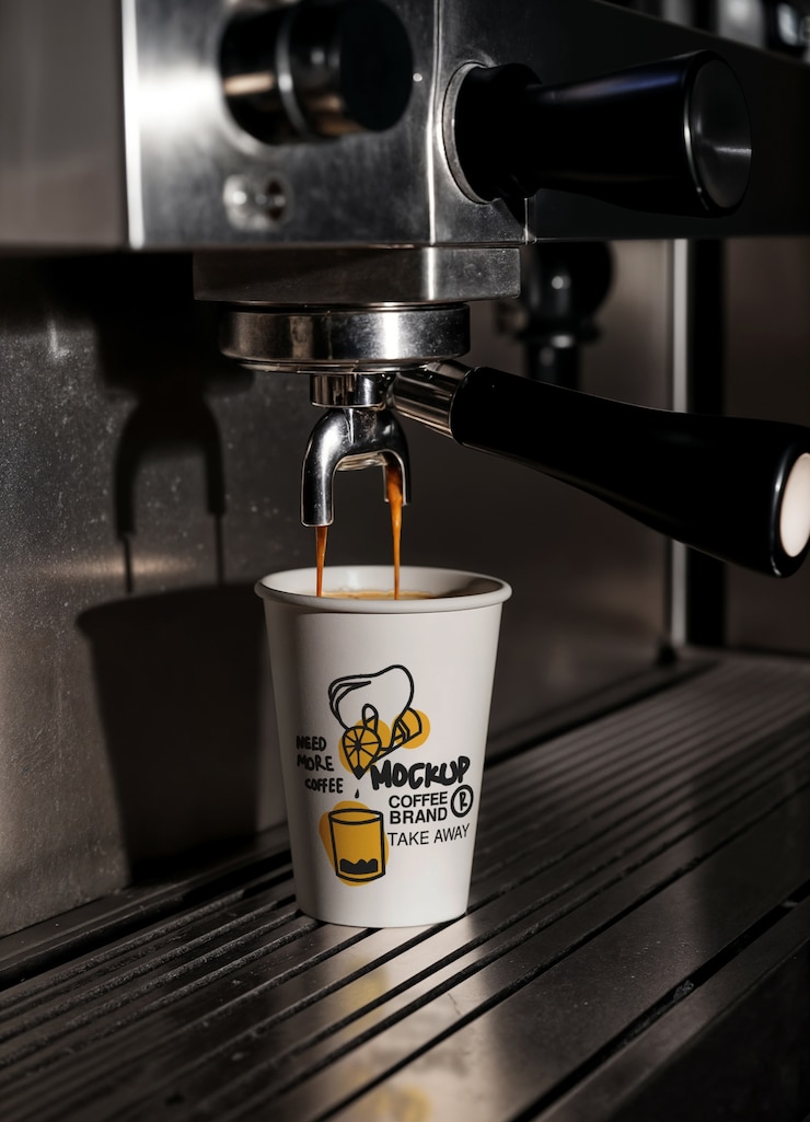 Kostenlose PSD espresso-maschine, die kaffee in eine papiertasse gießt