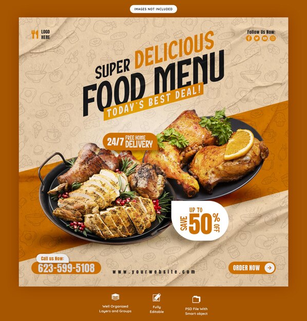 Essen- und Restaurant-Menü-Banner für soziale Medien oder Instagram-Post-Vorlage