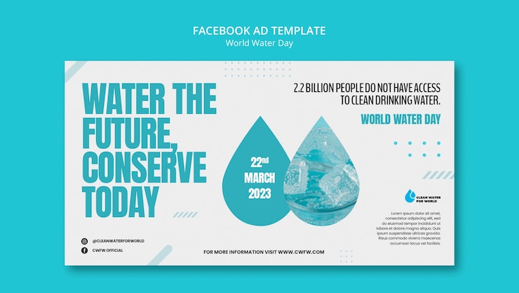 Kostenlose PSD facebook-vorlage für den weltwassertag im flachen design