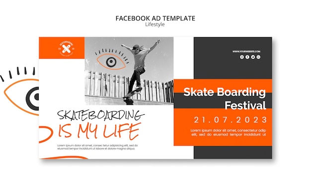 Kostenlose PSD facebook-vorlage für skateboarding-lifestyle im flachen design